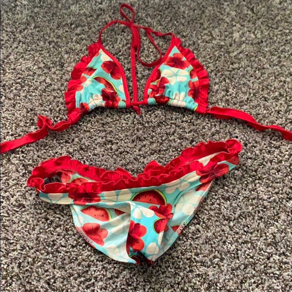 Blue and red watermelon bikini.